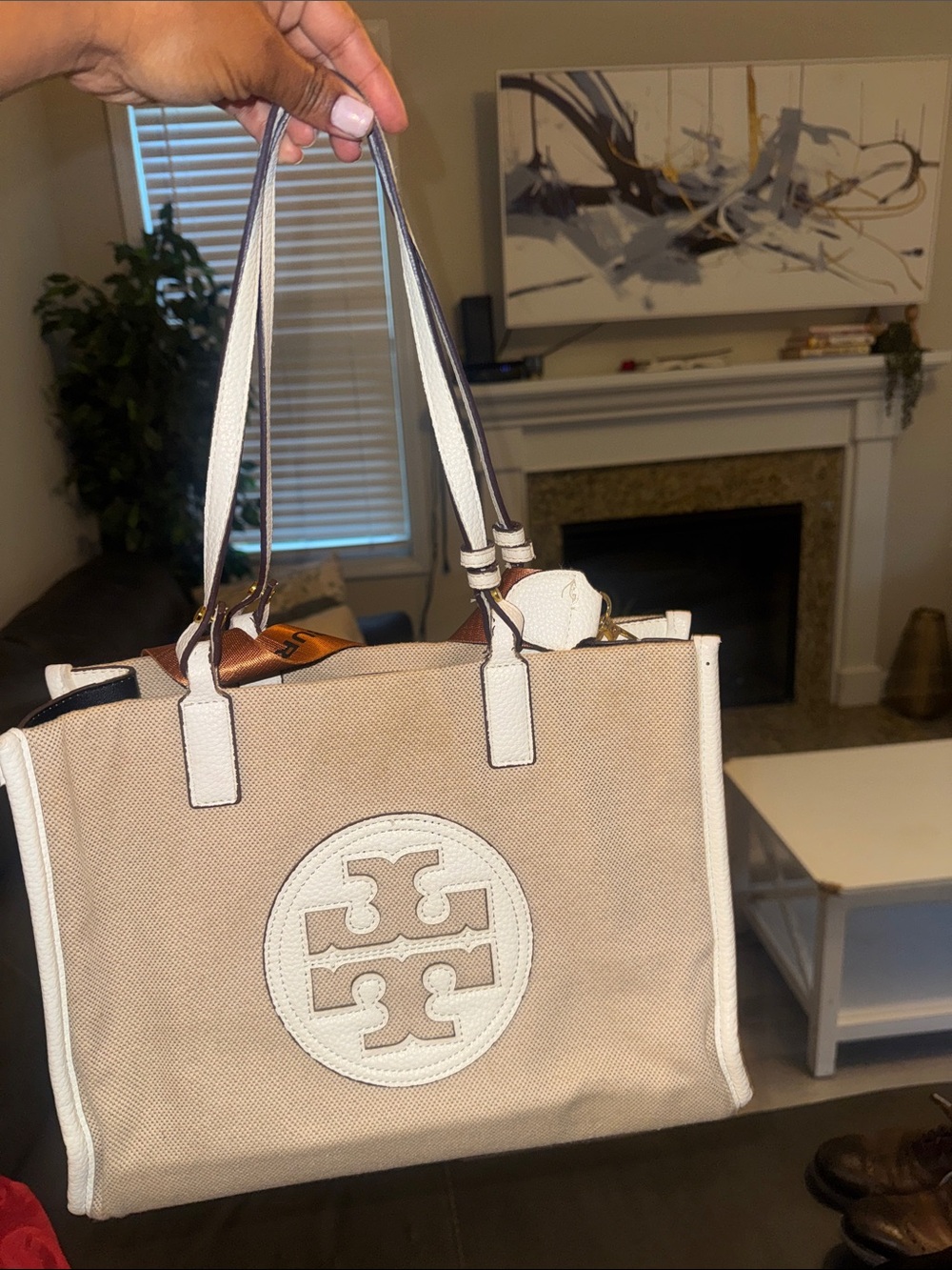 Tory Burch White Canvas Tote with Tan Logo Strap